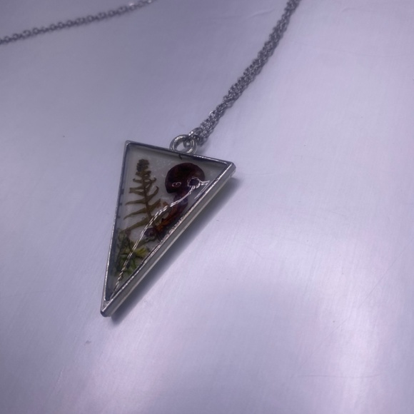 Triangular REAL Mushroom, fern, leaf Necklace, Epoxy Resin Pendant Handmade - Picture 2 of 5